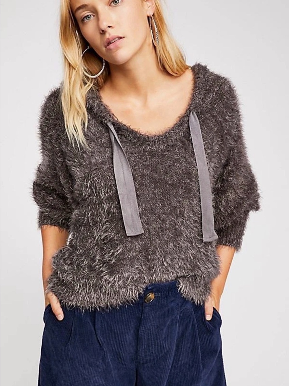 Free People Charcoal Light as a Feather Fuzzy Knit Hoodie Sweater Oversized S